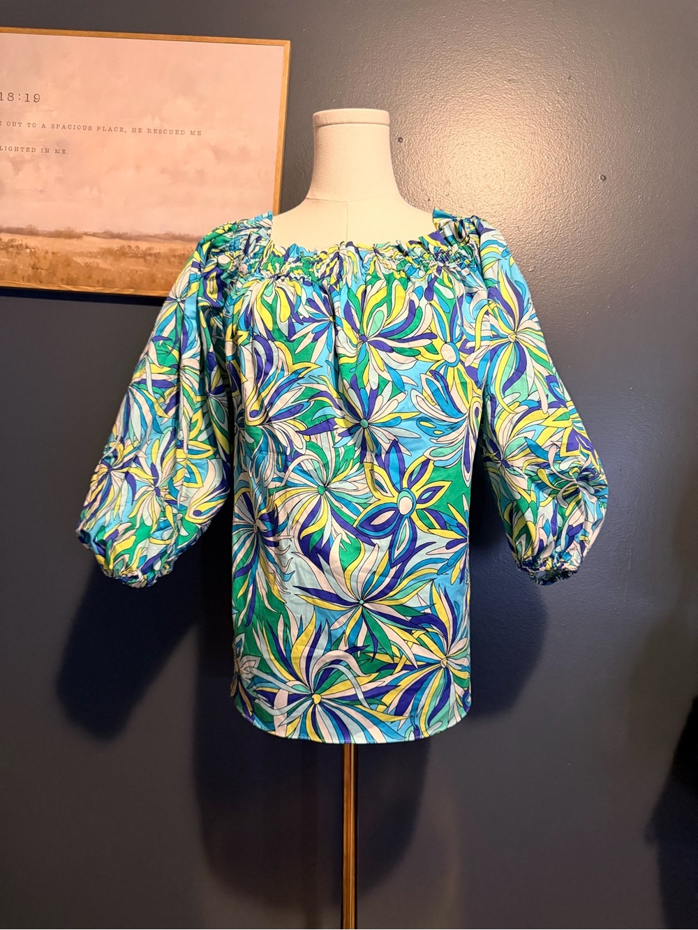 kate spade Floral Off-Shoulder Puff Sleeve Top in Teal, Blue & Yellow